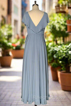 Dusty Blue V Neck Chiffon Bridesmaid Dresses Backless Ruffled Split for Teens A Line Long Bridesmaid Dress
