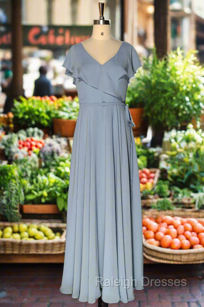 Dusty Blue V-Neck Chiffon Bridesmaid Dress Backless Ruffled Split for Teens A-Line Long Bridesmaid Dresses Main image