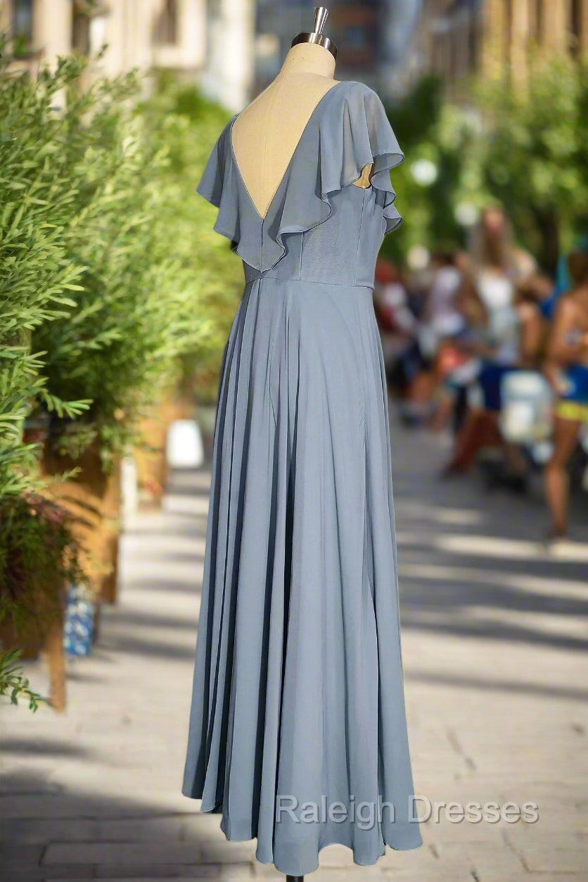 Dusty Blue V-Neck Chiffon Bridesmaid Dresses Backless Ruffled Split for Teens A-Line Long Bridesmaid Dress Secondary image