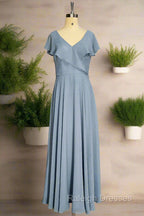 Dusty Blue V Neck Chiffon Bridesmaid Dress Backless Ruffled Split for Teens A Line Long Bridesmaid Dresses