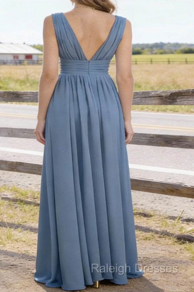 Dusty Blue V Neck Chiffon Floor Length Bridesmaid Dress Long Bridesmaid Dresses With Pleated Split
