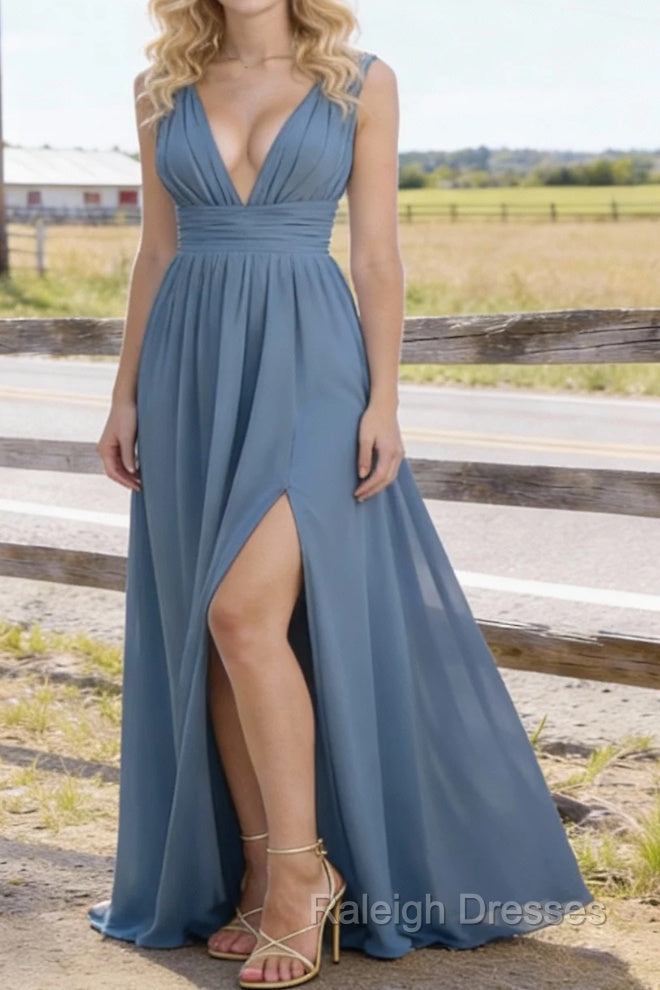 Dusty Blue V Neck Chiffon Floor Length Bridesmaid Dress Long Bridesmaid Dresses With Pleated Split Main image