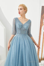 Dusty Blue V-Neck Half-Sleeve Prom Dresses Long With Beadings Lace-up