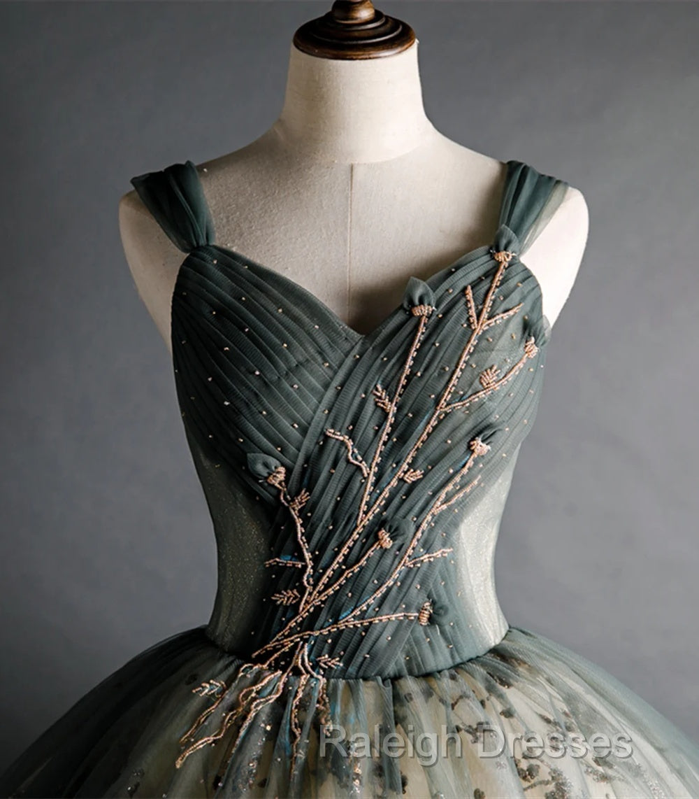 Dusty Green Ball Gown Beaded Tulle Formal Dress, Ball Gown Sweet 16 Dresses Secondary image