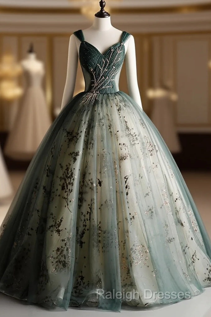 Dusty Green Ball Gown Beaded Tulle Formal Dress, Ball Gown Sweet 16 Dresses Main image