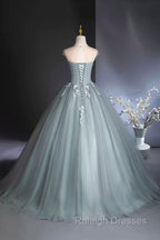 Dusty Green Tulle Floor Length Prom Dress with Lace, Elegant A Line Formal Prom Dress