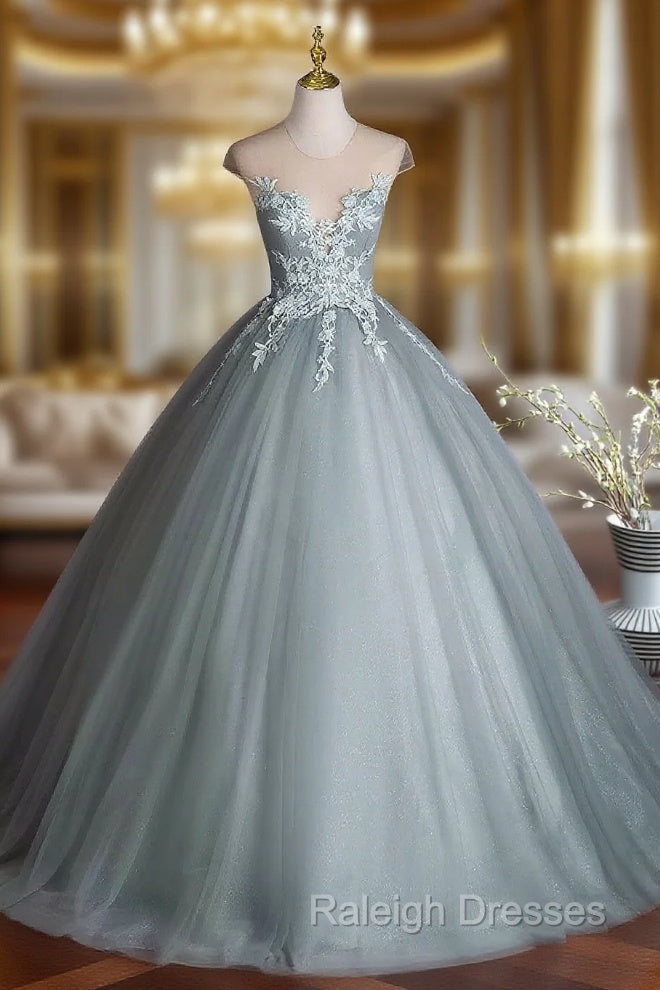 Dusty Green Tulle Floor Length Prom Dress with Lace, Elegant A Line Formal Prom Dress