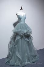 Dusty Green Tulle Lace Floor Length Formal Dress, Beautiful A-Line Evening Party Dress