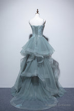 Dusty Green Tulle Lace Floor Length Prom Dresses Beautiful A-Line Prom Dresses
