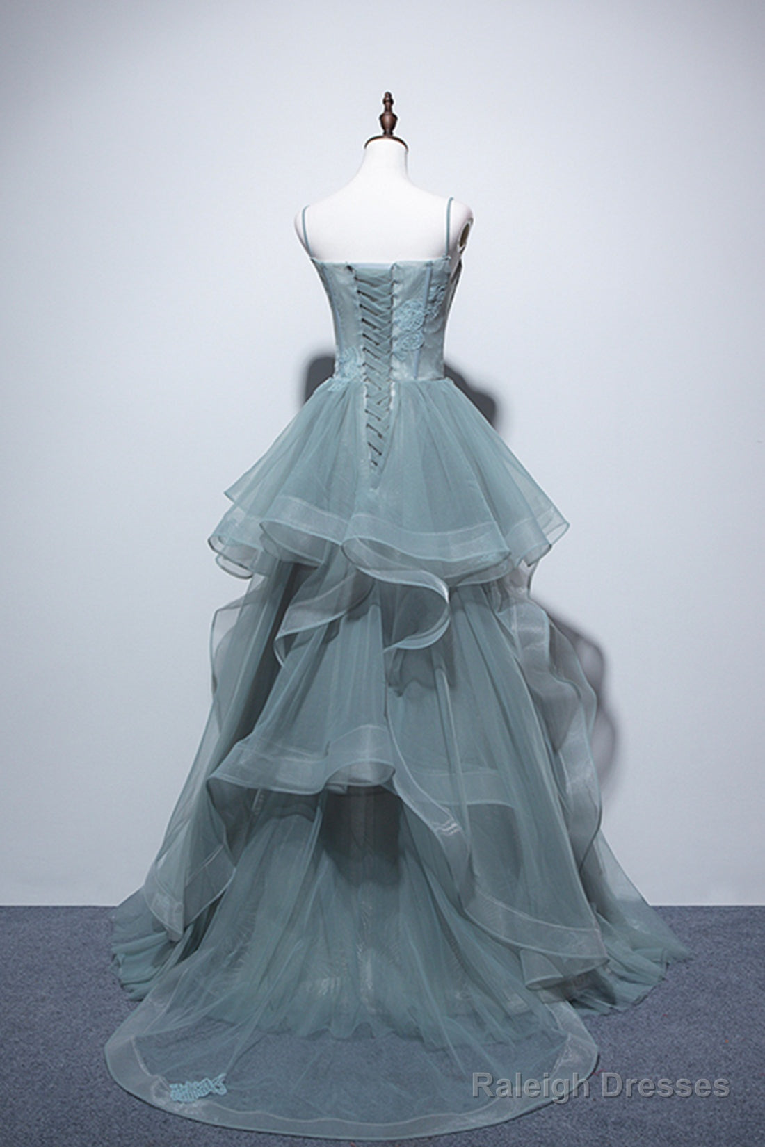 Dusty Green Tulle Lace Floor Length Prom Dresses Beautiful A-Line Prom Dresses