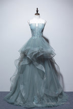Dusty Green Tulle Lace Floor Length Prom Dresses Beautiful A-Line Prom Dresses