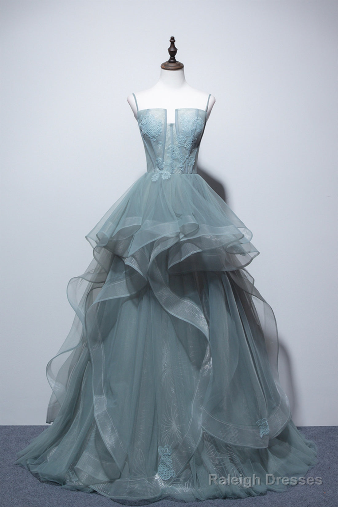 Dusty Green Tulle Lace Floor Length Prom Dresses Beautiful A-Line Prom Dresses