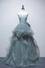 Dusty Green Tulle Lace Floor Length Prom Dresses Beautiful A-Line Prom Dresses