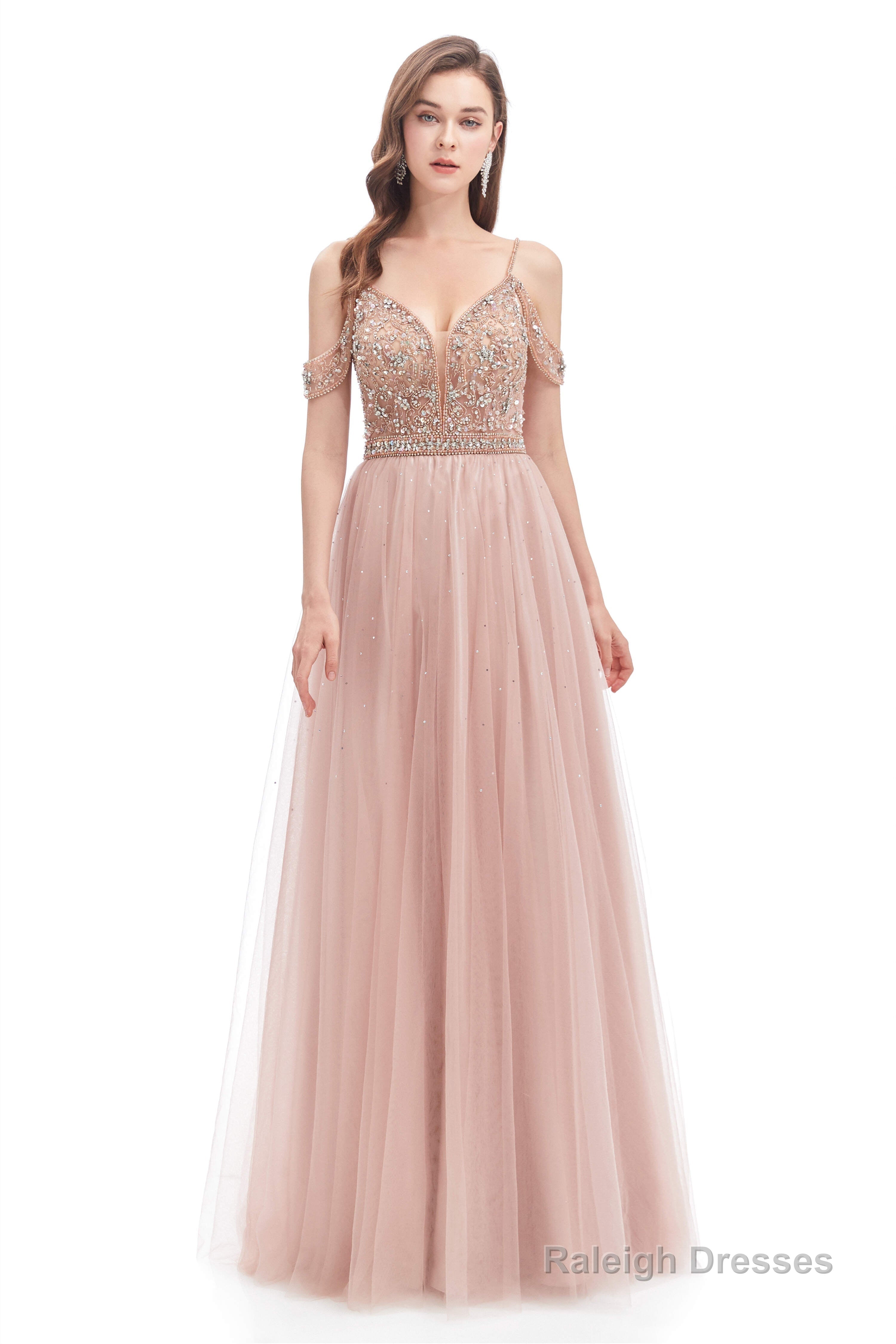 Dusty Pink Crystal Sparkle Starry Prom Dresses with Straps Backless Main image