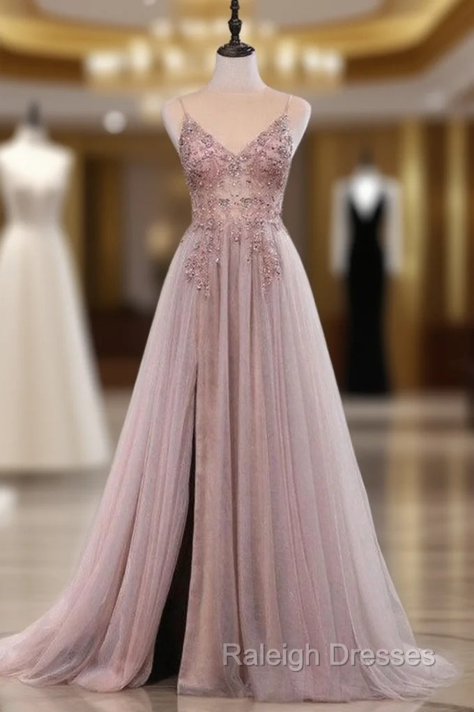Dusty Pink Spaghetti Straps Gorgeous Beading Prom Dress A Line Split Tulle Evening Dresses