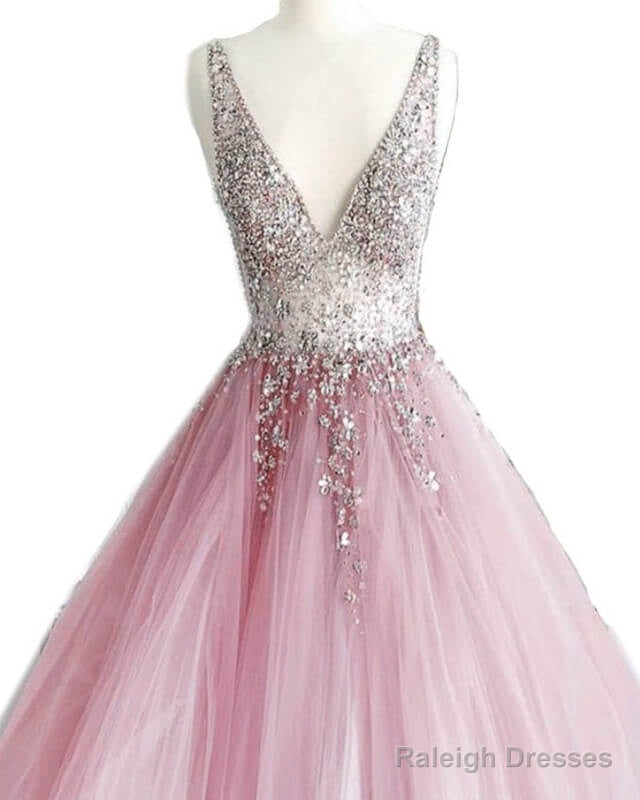 Dusty Pink Tulle Ball Gown Prom Dresses Beaded V-Neck