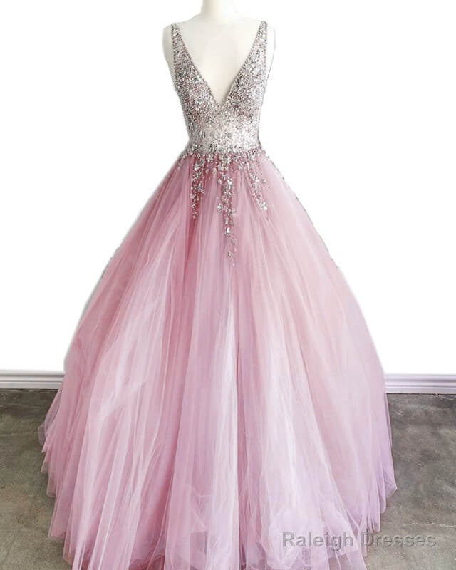 Dusty Pink Tulle Ball Gown Prom Dresses Beaded V-Neck Main image