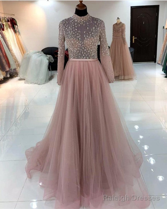 Dusty Pink Tulle Prom Dresses Beaded Long Sleeve