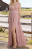 Dusty Pink V Neck Chiffon Floor Length Bridesmaid Dress Long Bridesmaid Dresses With Pleated Split