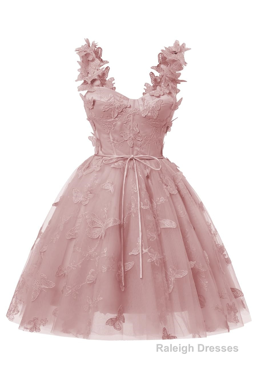 Dusty Rose 3D Butterfly Lace Applique Tulle Homecoming Dress for Teens Sweetheart Mini Short Prom Dresses Main image
