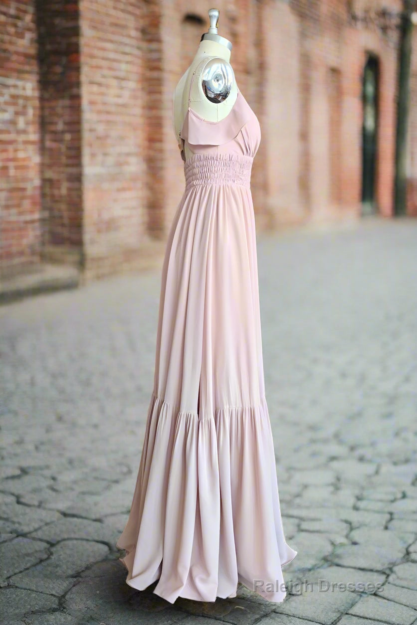 Dusty Rose A Line Bow Ruffle Sleeveless Chiffon Bridesmaid Dress