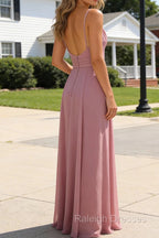 Dusty Rose A-Line Chiffon Prom Dress Long Deep V Neck Bridesmaid Dresses