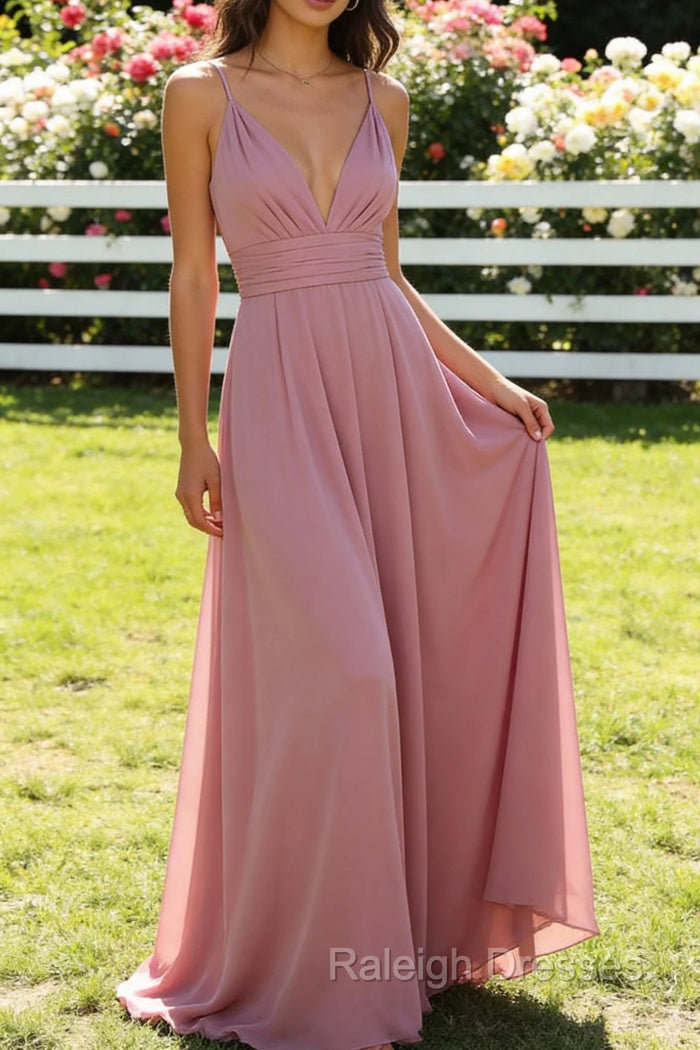 Dusty Rose A-Line Chiffon Prom Dress Long Deep V Neck Bridesmaid Dresses Main image