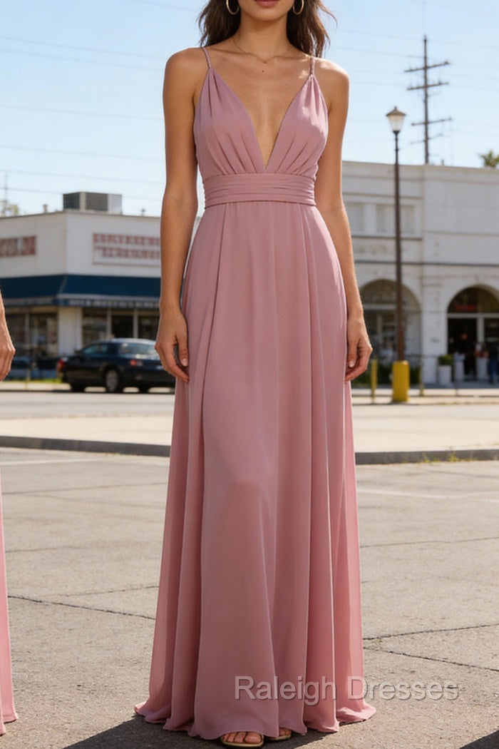 Dusty Rose A-Line Chiffon Prom Dress Deep V Neck Bridesmaid Dresses Long Secondary image