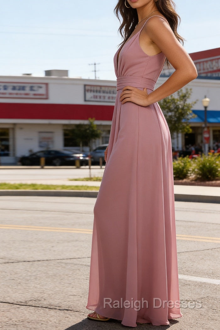 Dusty Rose A-Line Chiffon Prom Dress Deep V Neck Bridesmaid Dresses Long