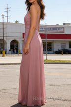 Dusty Rose A-Line Chiffon Prom Dress Deep V Neck Bridesmaid Dresses Long