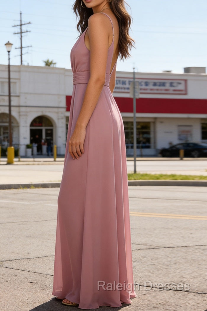 Dusty Rose A-Line Chiffon Prom Dress Deep V Neck Bridesmaid Dresses Long