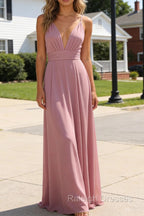 Dusty Rose A-Line Chiffon Prom Dress Deep V Neck Bridesmaid Dresses Long