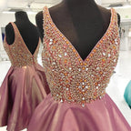 Dusty Rose Stunning Rhinestone Sparkly Beaded Top Homecoming Dress
