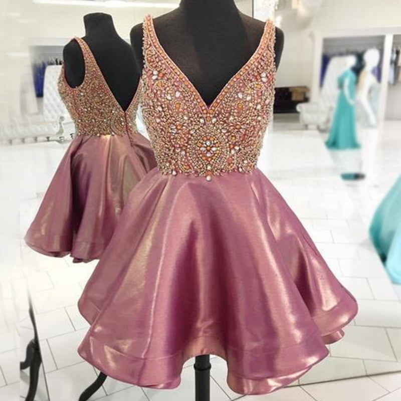 Dusty Rose Stunning Rhinestone Sparkly Beaded Top Homecoming Dress Main image