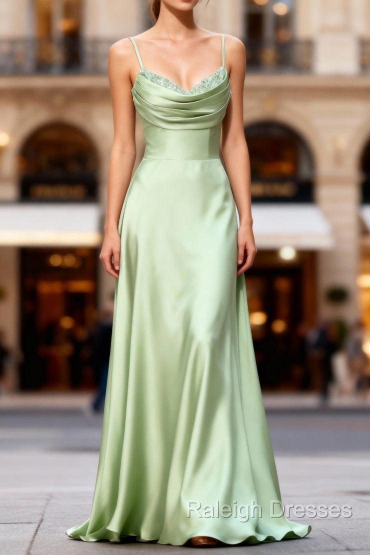 Dusty Sage A Line Cowl Neck Satin Long Prom Dress with Pleated Main image