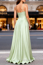 Dusty Sage A Line Cowl Neck Satin Long Prom Dresses with Pleated