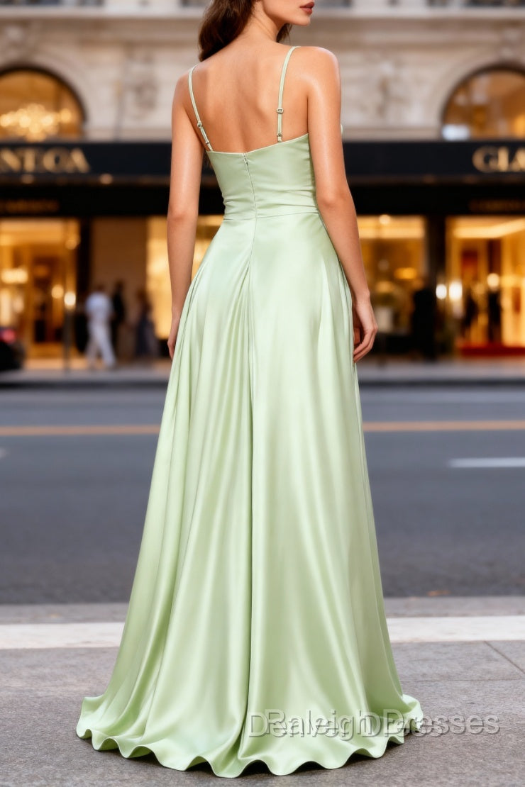 Dusty Sage A Line Cowl Neck Satin Long Prom Dresses with Pleated
