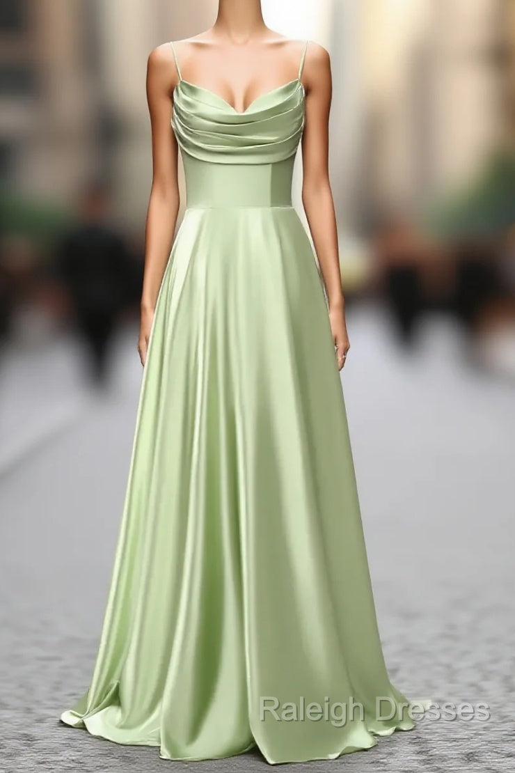 Dusty Sage A Line Cowl Neck Satin Long Prom Dresses with Pleated Main image