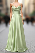 Dusty Sage A-Line Cowl Neck Satin Prom Dress Long with Pleated