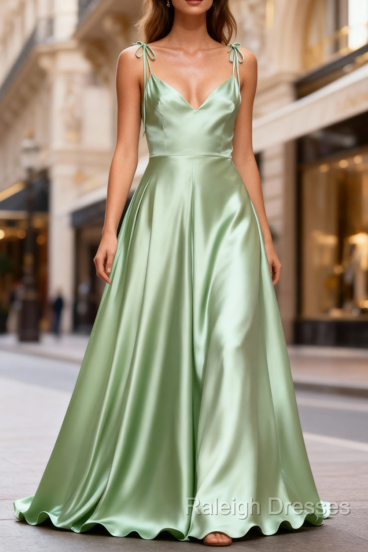 Dusty Sage Classy Satin Long Prom Dress with Pleated Main image