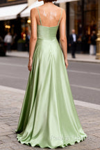 Dusty Sage Classy Satin Prom Dress Long with Pleated