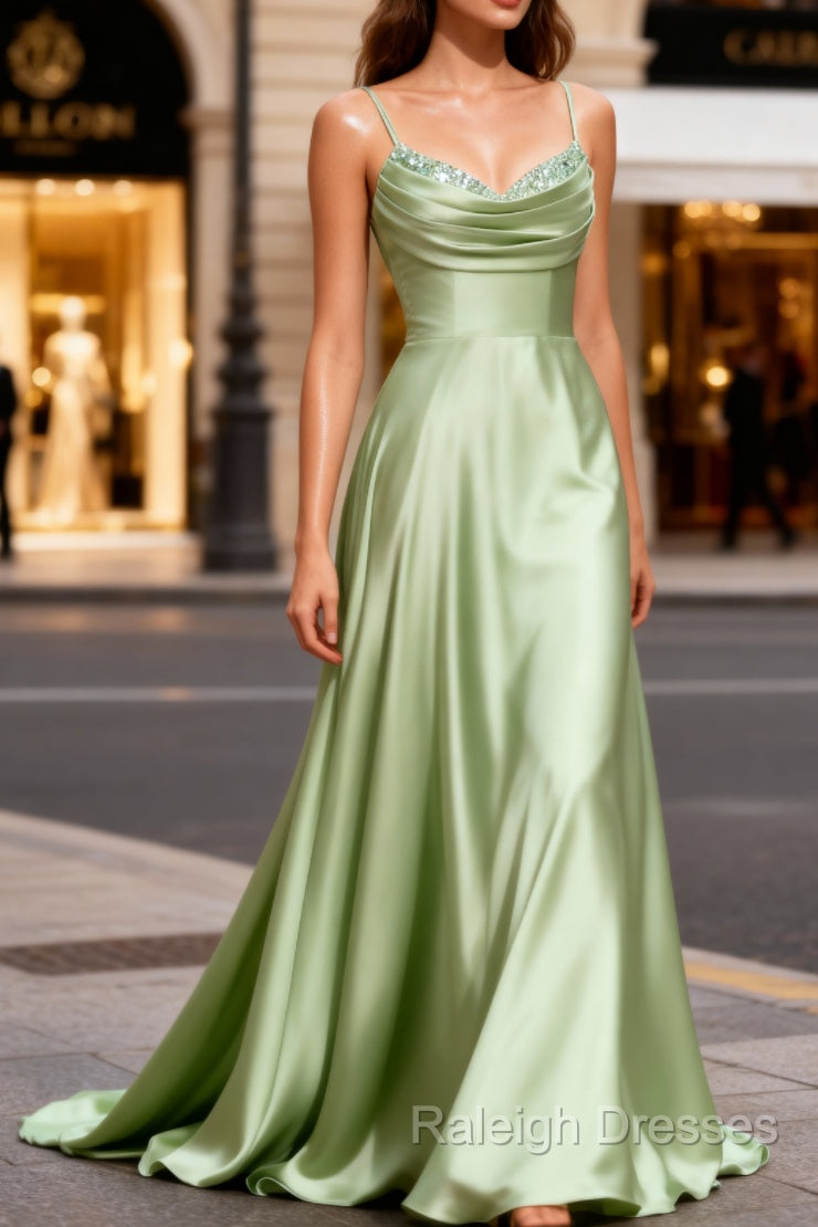Dusty Sage Classy Satin Long Prom Dresses with Pleated