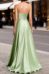 Dusty Sage Cute Satin Long Prom Dress with Pleated