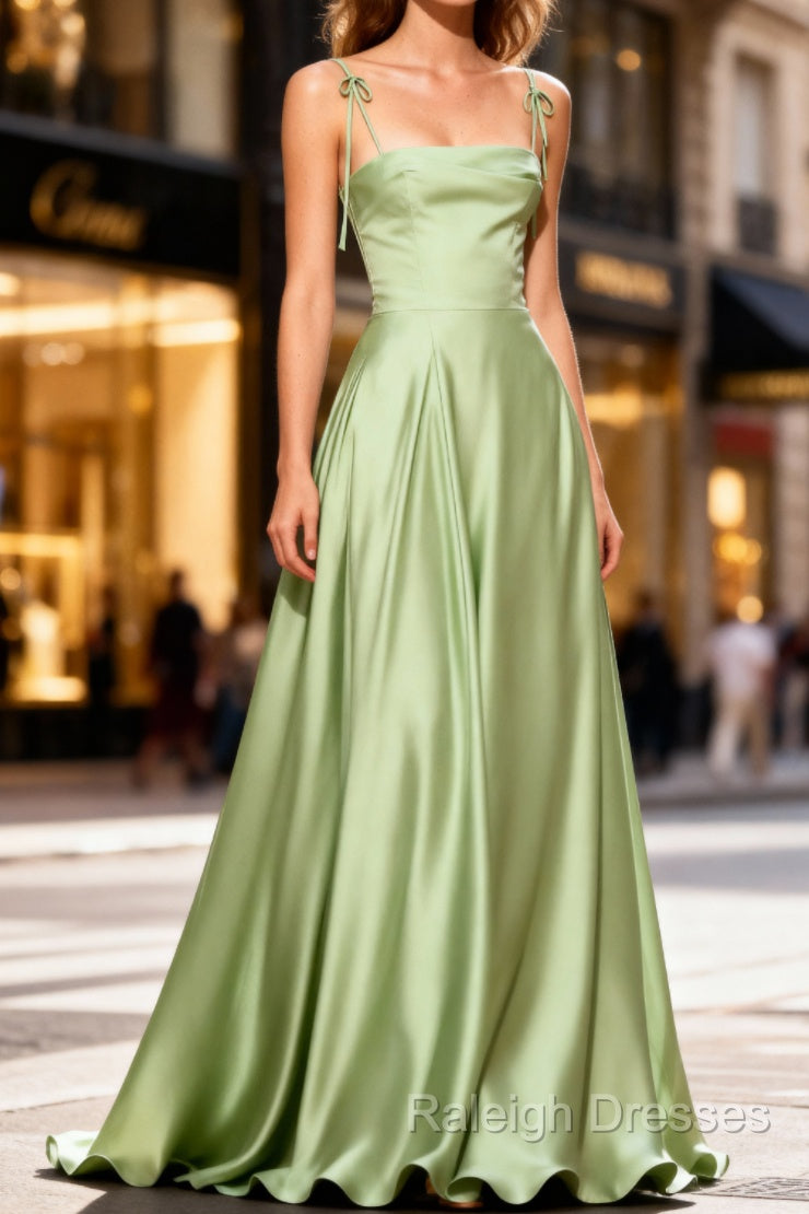 Dusty Sage Cute Satin Long Prom Dress with Pleated