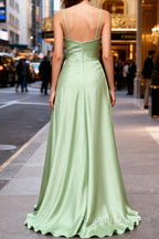 Dusty Sage Cute Satin Prom Dress Long with Pleated