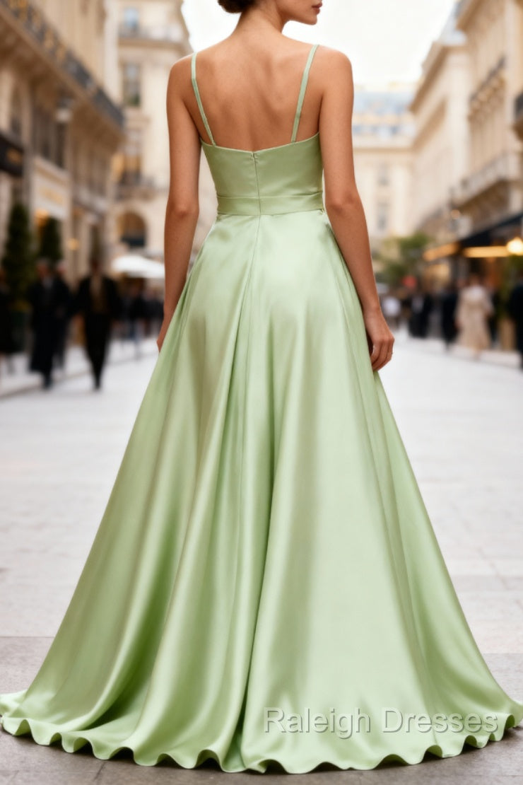 Dusty Sage Elegant Satin Long Prom Dresses with Pleated Secondary image