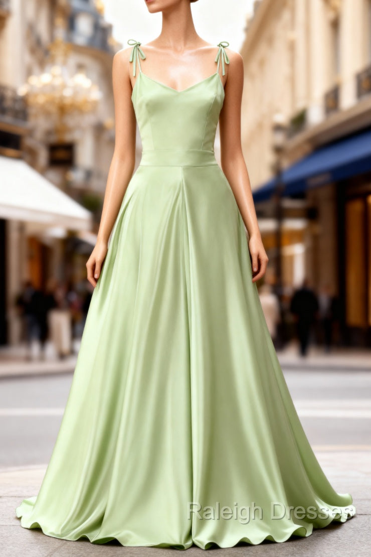 Dusty Sage Elegant Satin Long Prom Dresses with Pleated