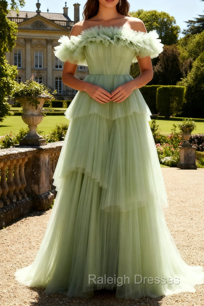 Dusty Sage Off The Shoulder A Line Ruffle Long Prom Dress Secondary image