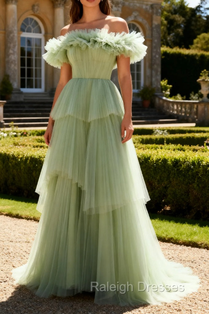 Dusty Sage Off The Shoulder A Line Ruffle Long Prom Dress