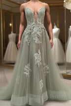 Dusty Sage Prom Dresses Plunging V Neck Appliques Lace-Up A Line Long Prom Gown